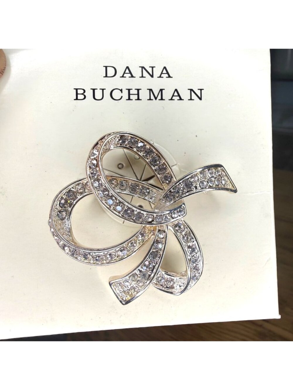Dana Buchman Brooch Pin Crystal Bow Ribbon Elegant High Glam Silver Tone NEW